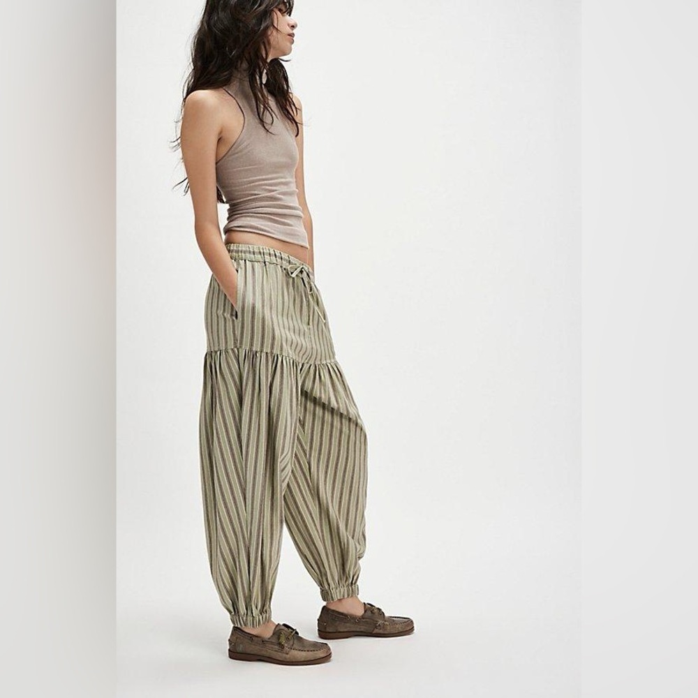 Free People Striped Wide Leg Pants in Green and Tan Size S